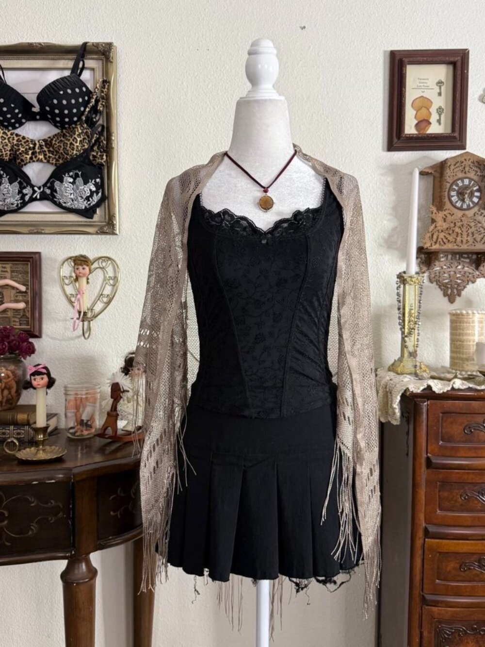 Boho fairy grunge whimsigoth champagne gold floral fringe shawl